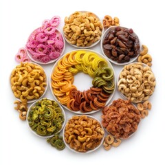 Poster - Colorful Assortment of Dried Fruits and Nuts in Round Arrangement on White Background Showcasing Variety and Texture for Healthy Snacking and Culinary Presentation