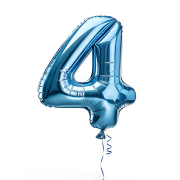 A balloon shaped like the number 4, chrome blue metallic finish with realistic reflections and smooth texture.