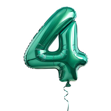 A balloon shaped like the number 4,emerald green metallic finish with realistic reflections and smooth texture.