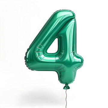 A balloon shaped like the number 4,emerald green metallic finish with realistic reflections and smooth texture.