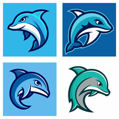 Poster - Four dolphin mascot logos in varying shades of blue and green on square backgrounds with dark outlines