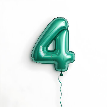 A balloon shaped like the number 4,emerald green metallic finish with realistic reflections and smooth texture.