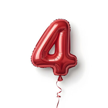 A balloon shaped like the number 4,glossy red metallic finish with realistic reflections and smooth texture.