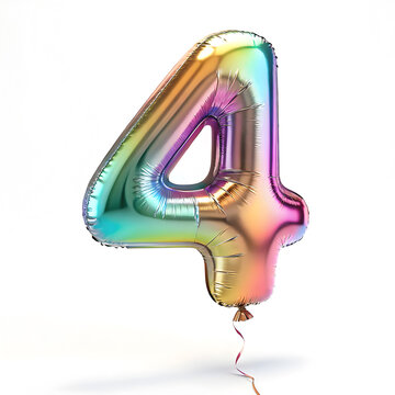 A balloon shaped like the number 4,holographic metallic finish with realistic reflections and smooth texture.
