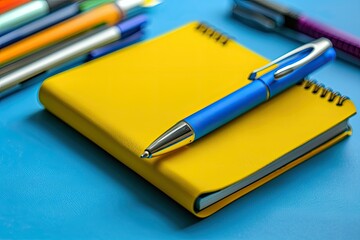 Poster - High Quality Image of a Yellow Notebook with a Blue Pen on it and Other Pens on a Blue Table