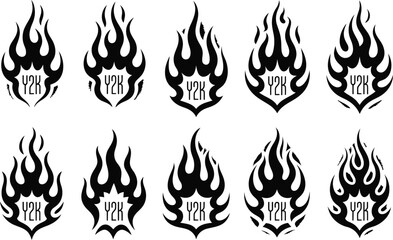 Poster - Vector graphic collection of y2k inspired flame designs in black and white colors for artistic and decorative use