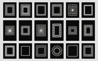 Poster - Abstract geometric frame designs on a black background in various dimensional perspectives and styles