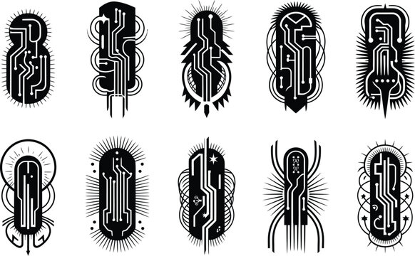Abstract circuit board design collection depicting technology and futuristic themes in black and white
