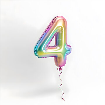 A balloon shaped like the number 4,holographic metallic finish with realistic reflections and smooth texture.