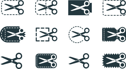 Poster - Collection of scissor icons in various styles depicting cut lines and coupon shapes