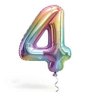 A balloon shaped like the number 4,holographic metallic finish with realistic reflections and smooth texture.