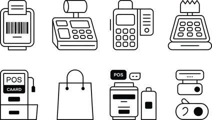Poster - Collection of point of sale pos system icons in modern outline black and white style