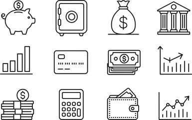 Poster - Financial icons illustrating savings investment and banking concepts in simple line art