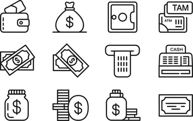 Poster - Financial icons in minimalist line style representing banking transactions and currency elements