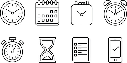 Poster - Simple black and white icon set displaying time management organization and scheduling concepts