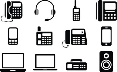 Poster - Black icons representing various communication devices including telephones and laptops