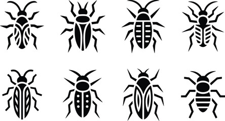 Poster - Vector illustration of various insect silhouette icons in black and white designs for conceptual use.
