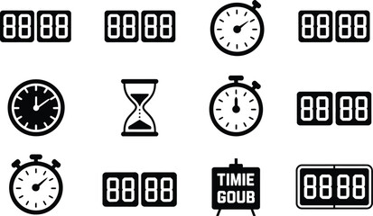 Poster - Collection of black and white time measurement icons including clocks stopwatches and digital displays.