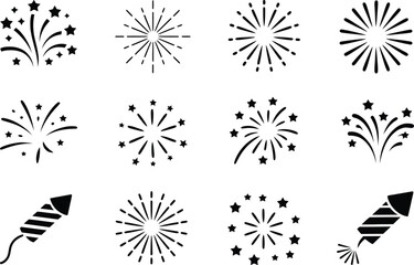 Poster - Collection of black and white fireworks and rockets icons for holiday celebrations and festive designs