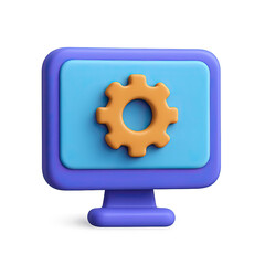 Poster - 3d render of a purple computer monitor with orange gear icon