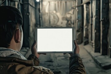 Poster - Ultra Quality Picture of Back View of Man Holding Tablet