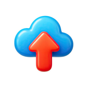 3D Render of a Red Arrow Uploading to a Blue Cloud Icon on a Gray Background