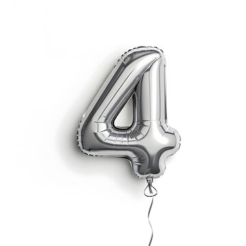 A balloon shaped like the number 4 ,silver metallic finish with realistic reflections and smooth texture.