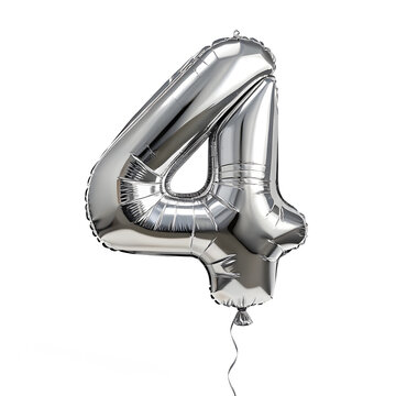 A balloon shaped like the number 4 ,silver metallic finish with realistic reflections and smooth texture.