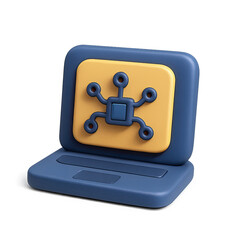 Poster - 3D Render of Blue Laptop with Yellow Network Icon