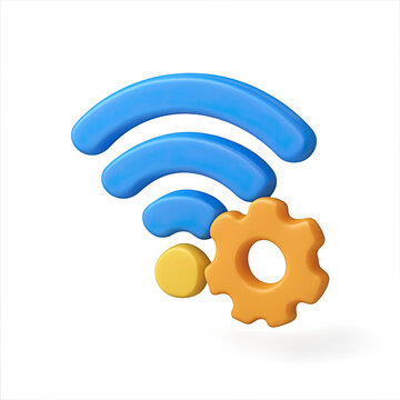 3D Render of Blue Wifi Symbol and Orange Gear on Gradient Background