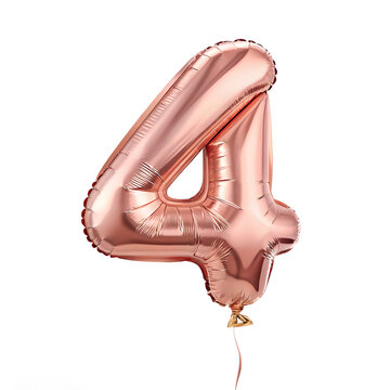 A balloon shaped like the number 4,rose gold metallic finish with realistic reflections and smooth texture.