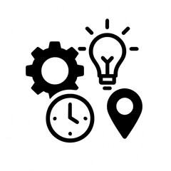 Poster - Black and White Icons Gear, Lightbulb, Clock, Location Pin