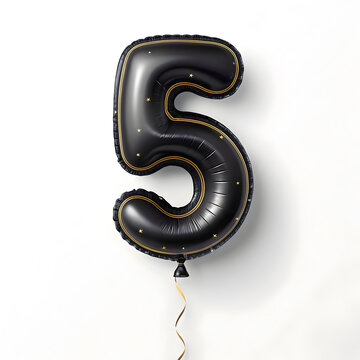 A balloon shaped like the number 5,matte black metallic finish with realistic reflections and smooth texture.