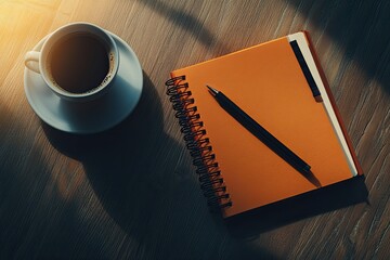 Poster - Ultra Quality Picture of Flat Lay of Notebooks on Desktop with Cup of Coffee
