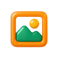 Poster - Glossy Orange Image Icon with Green Mountains and Yellow Sun