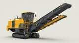Industrial cold milling machine with conveyor belt and crawler tracks, used for asphalt removal and road surface leveling in civil engineering projects.