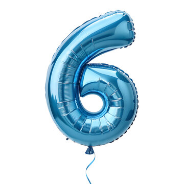 A balloon shaped like the number 6, chrome blue metallic finish with realistic reflections and smooth texture.