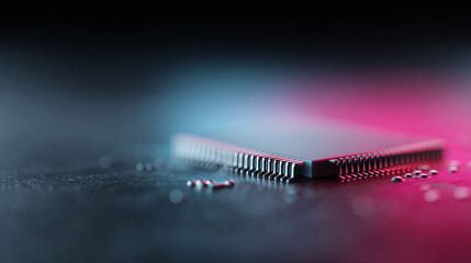 Poster - Sleek microchip detail on dark surface with neon accents, symbolizing innovation, technology, and the digital age. Perfect for tech, future, and science themes.