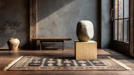 Fototapete - abstract minimalist podium standing over a handwoven Middle Eastern rug