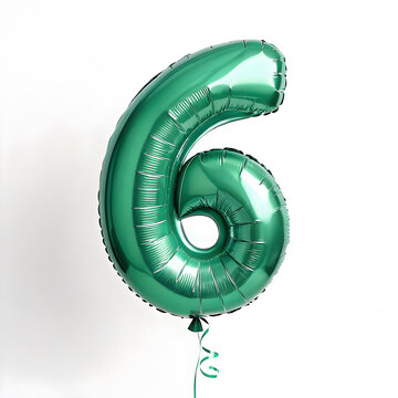 A balloon shaped like the number 6,emerald green metallic finish with realistic reflections and smooth texture.