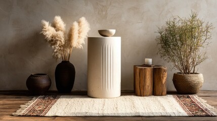 Fototapete - abstract minimalist podium standing over a handwoven Middle Eastern rug 