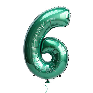 A balloon shaped like the number 6,emerald green metallic finish with realistic reflections and smooth texture.