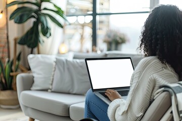 Poster - Detailed Visual  of Woman Working From Home on a Laptop with Empty Screen