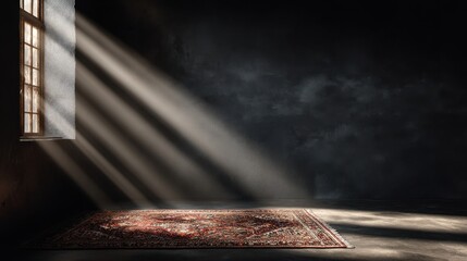 Fototapete - beautiful rays lighting a rug with ethnic design, empty matte wall