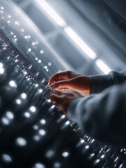 Poster - Crafting the future A person meticulously works with lightemitting diodes embedded in a matrix. Conceptual for tech, innovation, and connectivity.