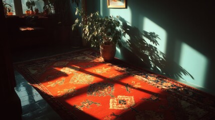 Fototapete - clean aesthetic with cultural carpet and strong shadow from window 