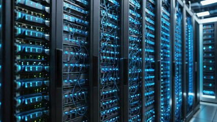 Poster - Rows of servers in a server room with network cables and equipment