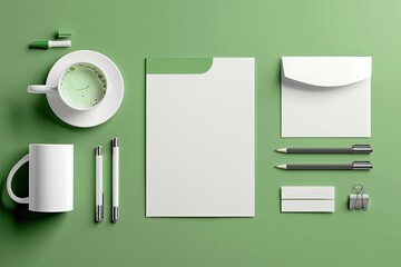 Poster - Vibrant Color Image of Green Theme Stationery Set Mockup