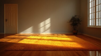 Fototapete - clean room with rug absorbing golden sunlight, wall untouched 