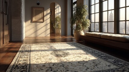 Fototapete - clean space with window light hitting detailed rug pattern